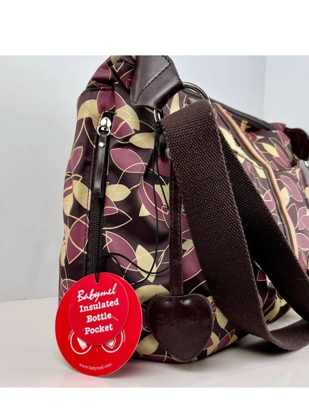 Babymel Brown Diaper Bag with Yellow and Burgundy Leaf Print